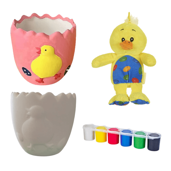 Κεραμικό καλάθι με νερομπογιές και λούτρινο παπάκι